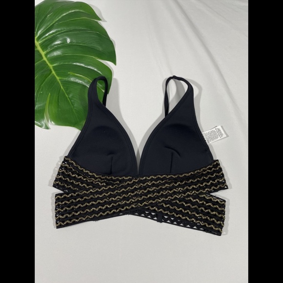 NEW‎ River Island [ 2 ] Elastic Wrap High Apex Bikini Top in Black/Gold - Picture 3 of 11